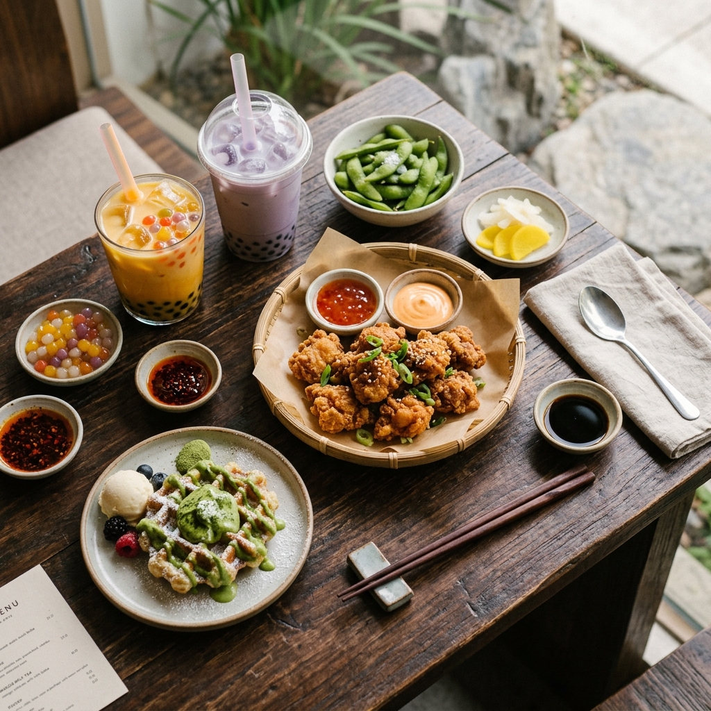 Unser Tisch: Chicken, Boba und Waffeln von oben